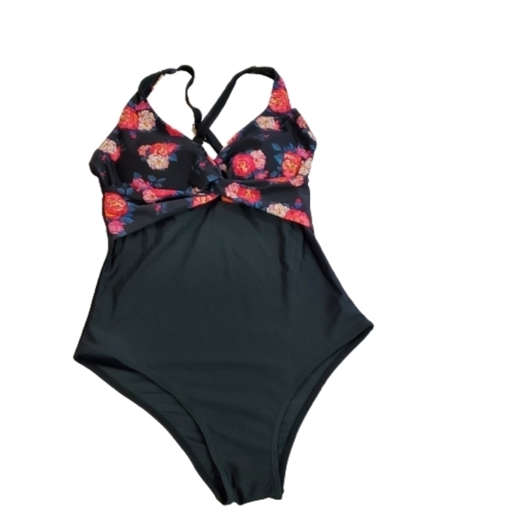 New Tournesol Black Pink Floral One Piece Crisscross Back Swimsuit Size Medium - Picture 1 of 10